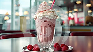 Raspberry Milkshake in a classic American Diner - food photography - made with Generative AI tools