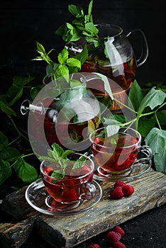 Raspberry and mint tea. Hot winter drinks.