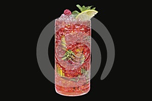 Raspberry mojito alcoholic cocktail in a glass with ice and mint