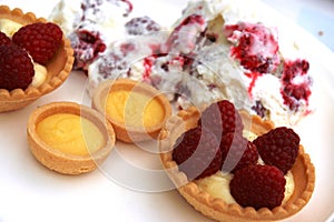 Raspberry mousse and tarts