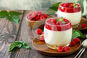 Raspberry Panna cotta with raspberry jelly, Italian dessert, homemade cuisine.