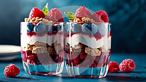 Raspberry Parfait Dessert in Glass Cups.Delicious layers of raspberry parfait