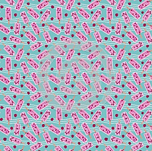 Raspberry pink popsicle pattern with berries and lines on teal background