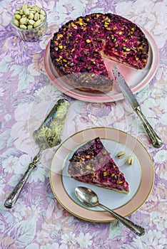 Raspberry and pistachio clafoutis