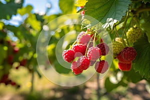 Raspberry plant with ripe red raspberries outside on sunny day in an orchard, generative AI