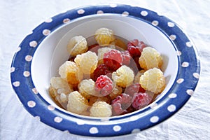 Raspberry on the plate close up after harvest