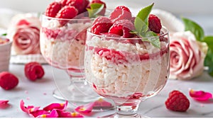 Raspberry Rice Pudding Delight in Glass Bowls with Fresh Mint