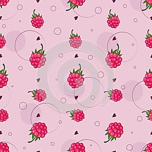 Raspberry. Ripe berry. Fresh, juicy berries on background with circles and hearts. Seamless pattern.