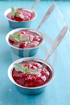 Raspberry sauÑe with mint leaf on blue wooden background