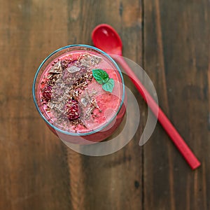 Raspberry smoothie with chocolate. Close up Top view