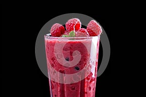 Raspberry smoothie or milkshake with berries and oatmeal in glass jar on gray or white concrete background. Vegetarian
