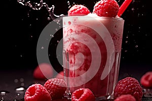 Raspberry smoothie or milkshake with berries and oatmeal in glass jar on gray or white concrete background. Vegetarian