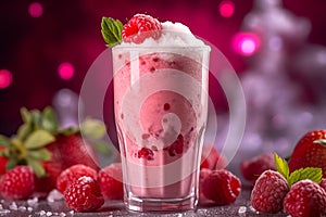 Raspberry smoothie or milkshake with berries and oatmeal in glass jar on gray or white concrete background. Vegetarian