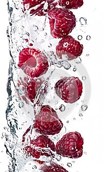 Raspberry splashing in water with bubbles isolated on white background.