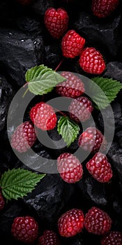 Raspberry Still Life Photography With Textured Black Rocks And Green Leaves