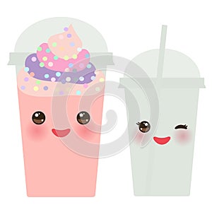 Raspberry Strawberry Take-out smoothie transparent plastic cup with straw and whipped cream. Kawaii cute face with eyes and smile