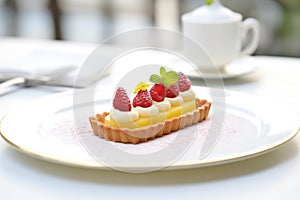 raspberry tart with a dollop of cream on a white plate