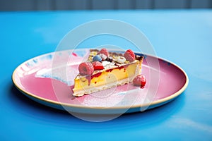 raspberry tart slice with oozing filling on a blue plate