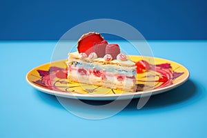 raspberry tart slice with oozing filling on a blue plate