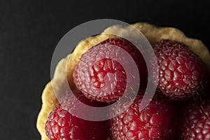 Raspberry tart, top view macro photography