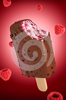 Raspberry vanilla ice cream covered with chocolate on a stick on a red background with some raspberries falling down, 3d illustrat