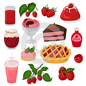 Raspberry vector berrying ripe red berry for fresh juice or juicy jam and sweet dessert cake with ice cream illustration