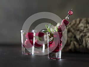 Raspberry vodka glass shot with fruit inside. Fresh summer shots for party. Berries in alcohol glass. Glass of sparkling water