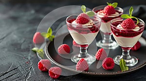Raspberry yogurt parfait in glass cups