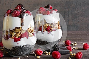 Raspberry yogurt parfait in glasses with chocolate, granola and chia seeds