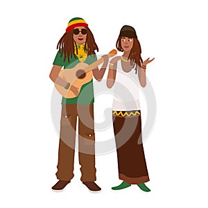 Rastafari couple. Man wearing rastacap and playing guitar and woman standing together. Boyfriend and girlfriend photo