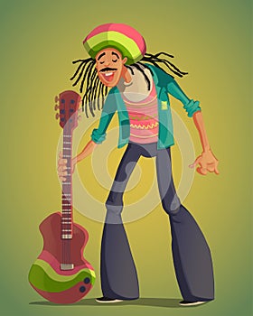 Rastafarian man with dreadlocks and guitar. Funny cartoon character.