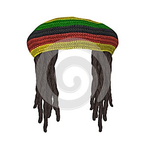 Rastafarians hat with dreadlocks isolated on white