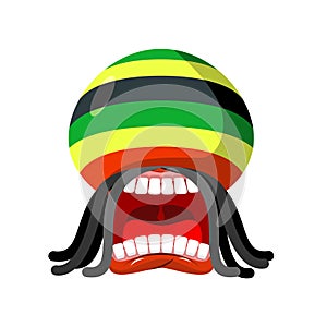 Rastaman screams. Rasta cry. Open your mouth and teeth. Loud scream. Rastafarian hat and dreadlocks. Reggie illustration