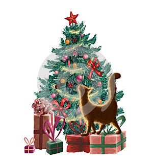 Raster christmas greeting card with a christmas tree, ornaments, present boxes, garland and an orange cat. merry christmas.