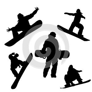 Raster drawings of a silhouette of a snowboarder in different poses