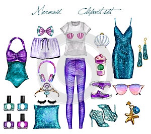 Handmade Raster Fashion Illustration - Mermaid outfit set - clip art set