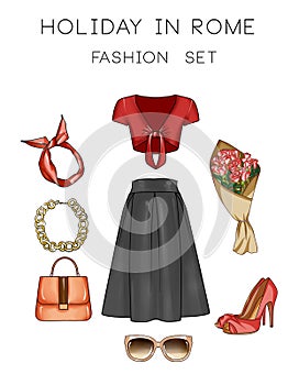 Raster Fashion Illustration set - Clip Art Set of woman's clothes and accessories