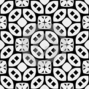 Raster geometric ornament. Black and white seamless pattern with star shapes, squares, diamonds, grid, floral silhouettes. Simple