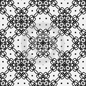 Raster geometric ornament. Black and white seamless pattern with star shapes, squares, diamonds, grid, floral silhouettes. Simple