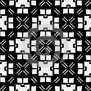 Raster geometric ornament. Black and white seamless pattern with star shapes, squares, diamonds, grid, floral silhouettes. Simple