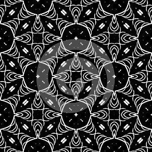 Raster geometric ornament. Black and white seamless pattern with star shapes, squares, diamonds, grid, floral silhouettes. Simple