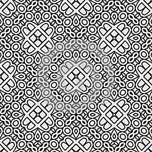 Raster geometric ornament. Black and white seamless pattern with star shapes, squares, diamonds, grid, floral silhouettes. Simple