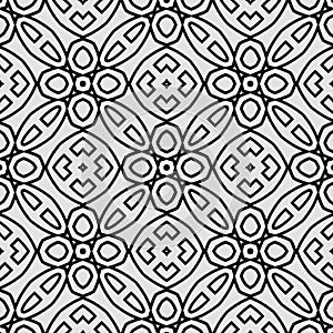 Raster geometric ornament. Black and white seamless pattern with star shapes, squares, diamonds, grid, floral silhouettes. Simple