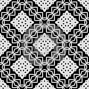 Raster geometric ornament. Black and white seamless pattern with star shapes, squares, diamonds, grid, floral silhouettes. Simple