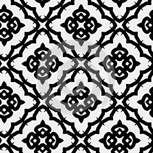 Raster geometric ornament. Black and white seamless pattern with star shapes, squares, diamonds, grid, floral silhouettes. Simple