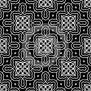 Raster geometric ornament. Black and white seamless pattern with star shapes, squares, diamonds, grid, floral silhouettes. Simple