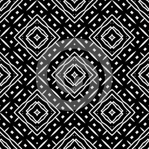 Raster geometric ornament. Black and white seamless pattern with star shapes, squares, diamonds, grid, floral silhouettes. Simple