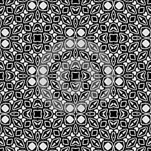 Raster geometric ornament. Black and white seamless pattern with star shapes, squares, diamonds, grid, floral silhouettes. Simple