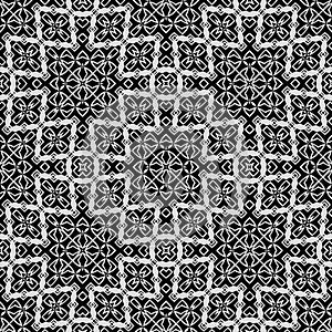 Raster geometric ornament. Black and white seamless pattern with star shapes, squares, diamonds, grid, floral silhouettes. Simple