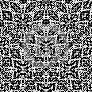 Raster geometric ornament. Black and white seamless pattern with star shapes, squares, diamonds, grid, floral silhouettes. Simple